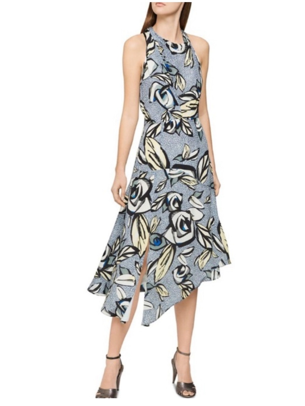 Reiss Blue Floral High-Low Sleeveless Midi Dress